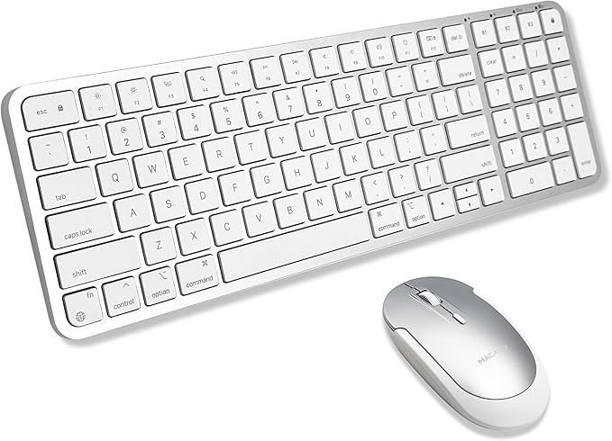 Macally Bluetooth Mac Keyboard and Mouse - Compact (2 Zone) Wireless Apple Keyboard and Mouse Combo with Number Pad - Multi Device, Rechargeable - for Mac, MacBook Pro/Air, iPad, iPhone - Silver