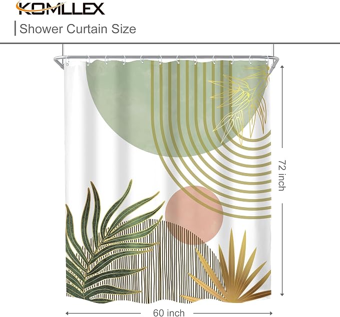 KOMLLEX Mid Century Boho Shower Curtain for Bathroom Decor Abstract Green Modern Minimalist Red Aesthetic Sun Arch Curve Leaves Geometric Neutral Fabric Waterproof Polyester 12 Pack Hook 60Wx72H