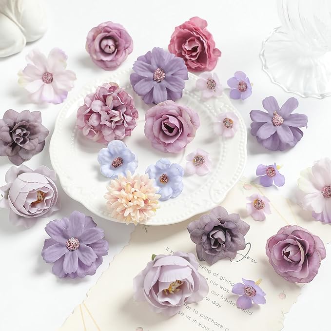 Faux Flower Heads Mini Purple Artificial Flower Heads Fake Peony Daisy Rose Flowers Multicolor Small Silk Daisy Flower Heads for Craft Garland Wedding Party DIY Home Decoration,2-4 cm