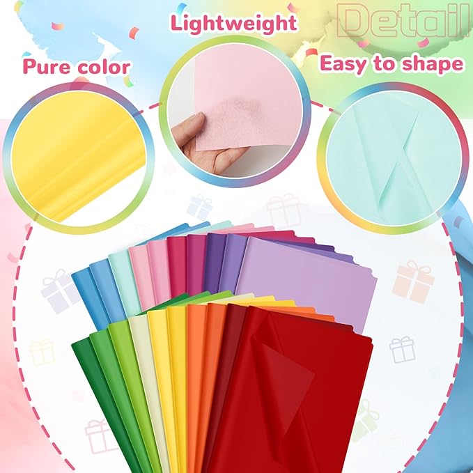 Qilery 500 Sheets Colored Rainbow Tissue Paper Bulk for Gift Bags 15 x 20 Inch Acid Free Packaging Wrapping Decoupage Paper Sheets Christmas Wedding Decoration DIY Flowers, Pom Poms, Party Supplies