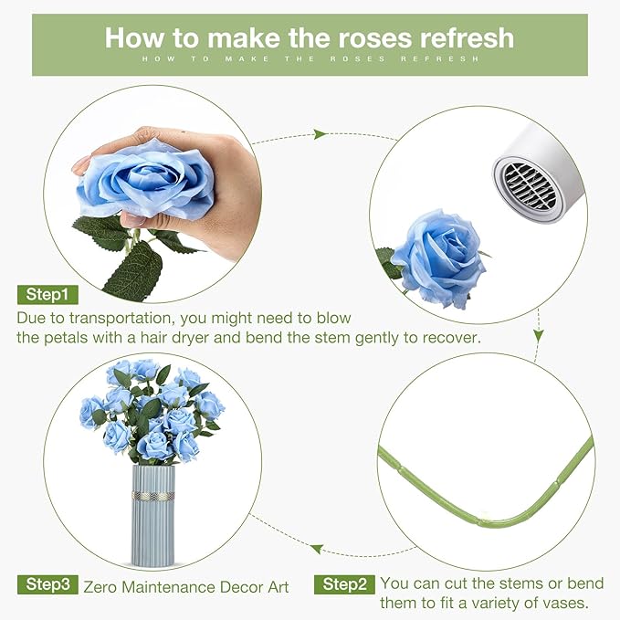 30 Pcs Rose Artificial Flowers in Bulk Real Touch Long Stem Silk Roses Bouquets Realistic Faux Flowers for Wedding Bridal Shower Home Decor Floral Arrangements Table Centerpiece(Light Blue)