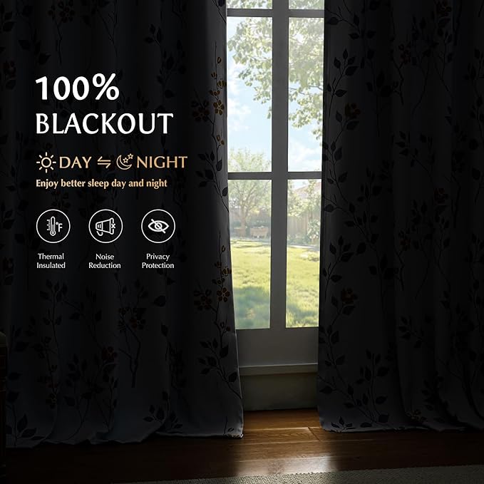Beauoop Floral 100% Blackout Curtains 84 Inch Length 1 Panel for Patio Sliding Door Extra Wide Yellow Grey Flower Patterned Divider Room Darkening Thermal Soundproof Grommet Window Drapes, 100x84x1
