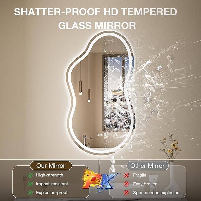 Cloud Shape Asymmetrical LED Vanity Mirror with Lights, 60"x32" Fogless Lighted Bathroom Mirror, 4mm Tempered Glass, Dimmable 3-Color & Memory Function, Wall Mounted (Horizontal/Vertical)