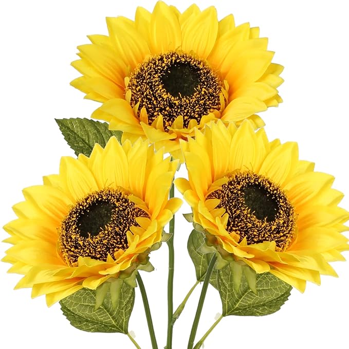 3 PCS 7" Large Sunflowers Artificial Flowers Full Bloom Long Stem Artificial Sunflower 26" Tall Sun Flowers Giant Silk Sunflowers with Stem Fake Sunflower Floral Arrangement for Home Wedding Decor