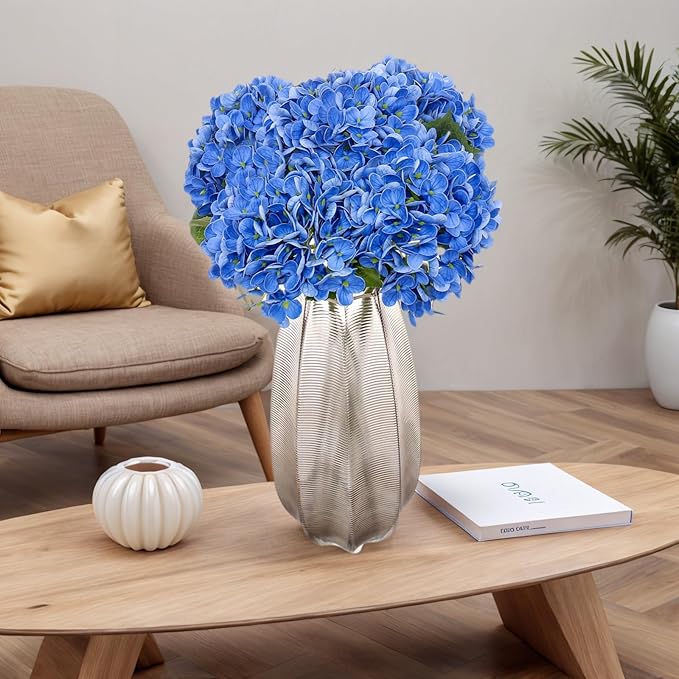 Kimura's Cabin 5Pcs Blue Artificial Hydrangea Flower 21inch Real Touch Fake Hydrangeas Flowers Long Stem with Leaves Hydrangea Bouquet for Wedding Baby Shower Birthday Party Home Interior Decoration