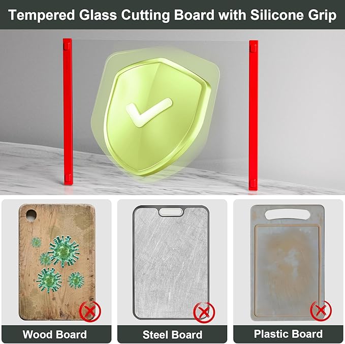 2PCS Glass Cutting Board with Silicone Grip, 80% Stronger Shatter Resistance and Slip Resistance,No Scratches/Microplastic-Free,Dishwasher Safe, Non Toxic Chopping Board for Kitchen (Red)