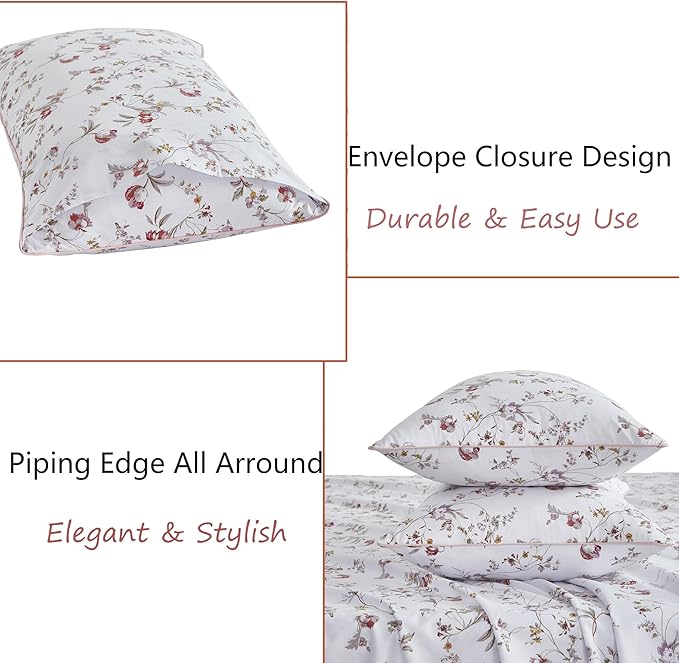 FADFAY Floral Sheets Set Twin XL Rustic Pink Floral College Bedding Ditsy Botanical Dorm Sheets Vintage Branches Bedding 100% Egyptian Cotton Sets with Deep Pocket Fitted Sheet 4Pcs, Twin XL Size