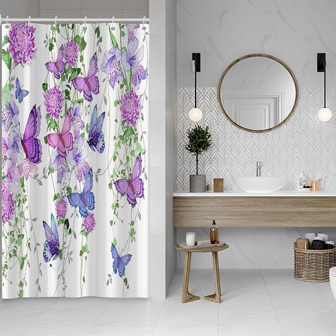Violet Butterfly Floral Shower Curtain Spring Lavender Shower Curtain Lilac Pink Floral Bathroom Decor Waterproof Polyester Fabric with 10 Hooks,54x78 Inches
