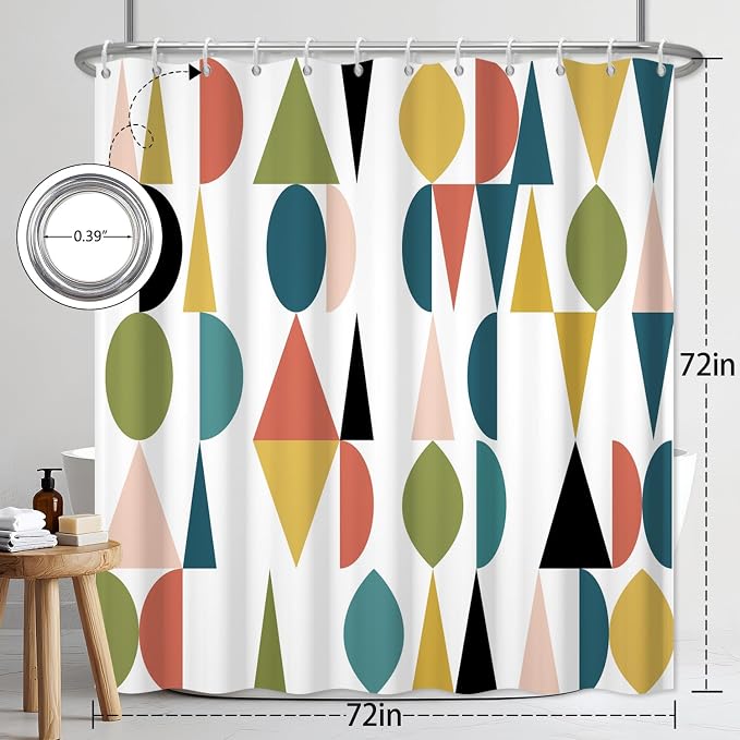 Colorful Rainbow Mid Century Shower Curtain for Bathroom, Waterproof Machine Washable Polyester Fabric Shower Curtain with 12 Hooks, Modern Boho Abstract Geometric Art Decor Bath Curtains, 72x72 Inch