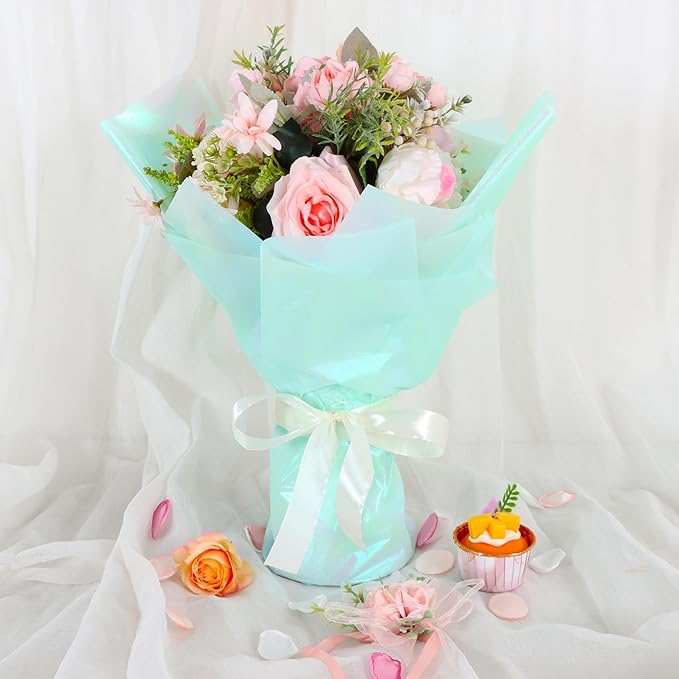 BEISHIDA 20 PCS Teal Floral Wrapping Paper-Iridescent Waterproof Flower Wrapping Paper Bouquet for Florist Supplies, DIY Crafts, Gift Packaging, Wedding, Birthday Gift