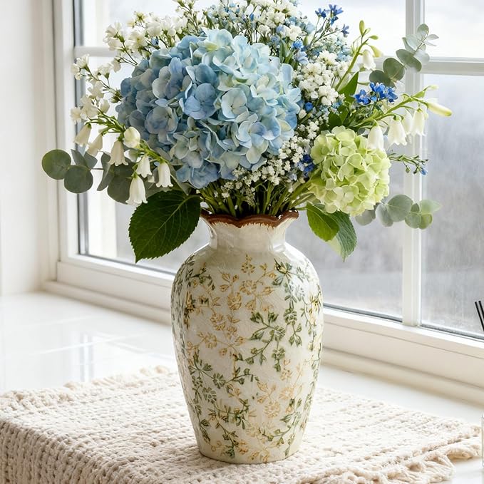 Green Vinatge Vase, Gorgeous Pastoral Octagonal Ceramic Flower Vase, Rustic Farmhouse Ice Cracked Large Chinoiserie Floral Vases for Home Decors, Cottage, Coffee Table, Bookshelf, 9.1 Inch