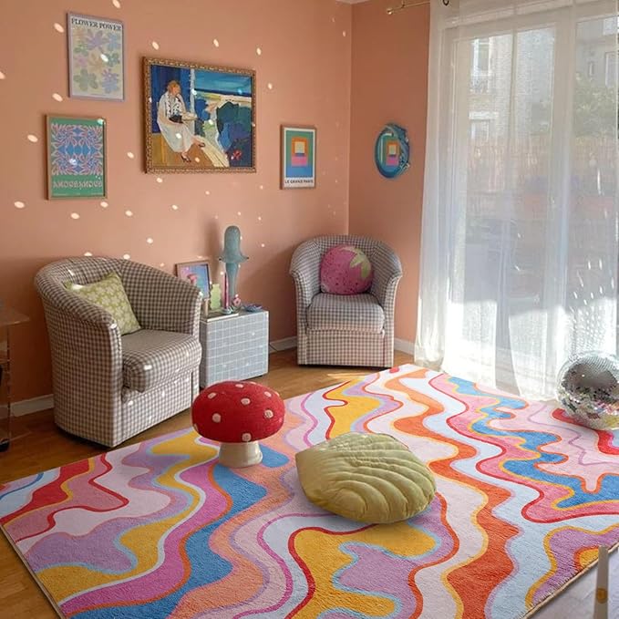 Colorful Abstract 8x10 Area Rug Ultra Thin Flatweave Funky Aesthetic Colorful Striped Living Room Rug Orange Blush Washable Carpet for Nursey Entryway Bedroom Dining Room Dorm Office