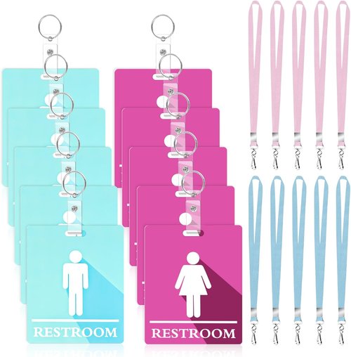 Skiennix 10 PCS Bathroom Passes - Key Holder & Lanyard Set in Pink and Blue for Schools & Offices