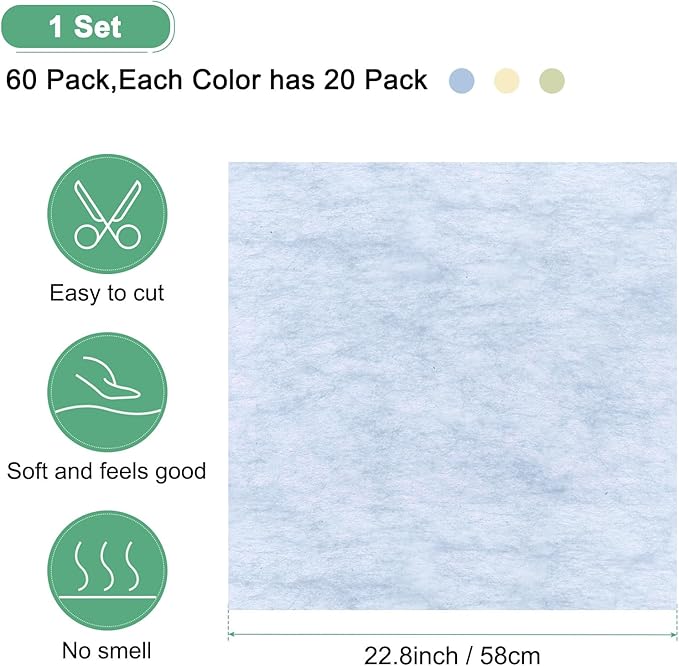 M METERXITY 60-Sheet Korean Cotton Wrapping Flower Paper, Waterproof Floral Wrapping Cotton Paper for Bouquets/Gift Packaging [Green,Light Blue,Beige]