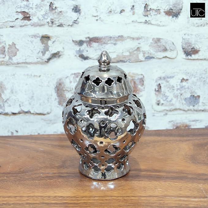 Urban Trends 21285 Ceramic Urn Vase with Cutout Triangle Design, Silver