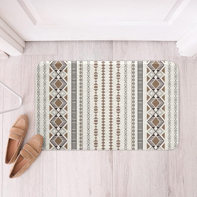 Feelyou Boho Aztec Bath Rugs 20"x32" Western Bohemian Striped Bathroom Rugs Brown White Bath Mats for Bathroom Women Girls Soft Non Slip West Cowboy Traditional Theme Bathroom Accessoriess