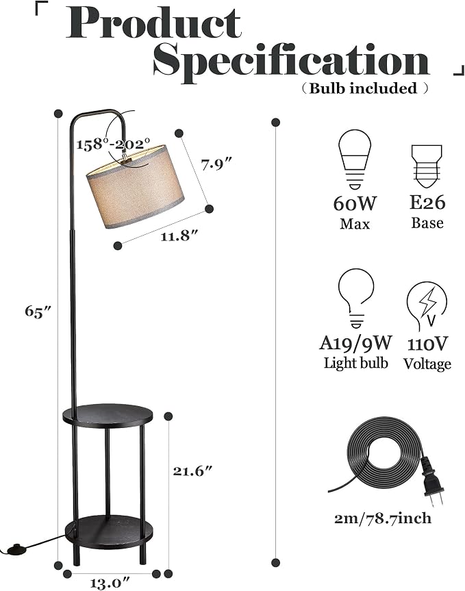 ELYONA Modern Floor Lamp for Living Room, Solid Wood Side Table Lamp with Grey Fabric Drum Shade, 3-Color Temperatures End Table Standing Light for Bedroom, Living Room, LED Bulb Included, Matte Black
