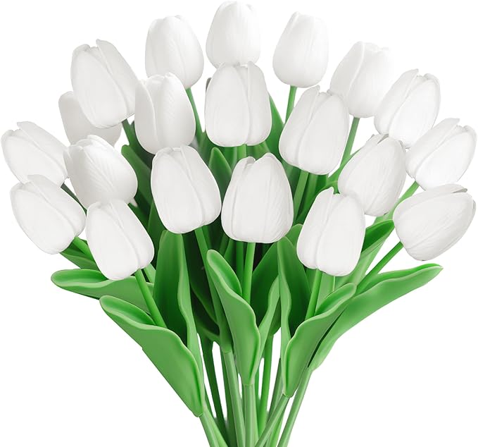 20 Pcs Fake Tulips Artificial Flowers 13" White Faux Flowers Real Touch PU Tulips Bouquet for Floral Arrangement Home Kitchen Table Wedding Decorations