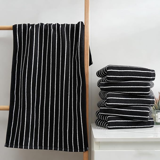 Premium Cotton Striped Hand Towels, White with Black Stripes, 13 x 29 Inches, Lightweight Quick-Dry Absorbent Bathroom Towels, 6 Piece Set (Black)