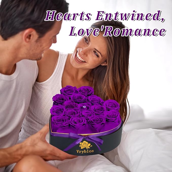 16 Pieces Forever Flower Heart Shape in a Box Preserved Blue Roses for Delivery Grade A Quality 100% Real Immortal Flowers Eternal Birthday for Her Mom Women Wife Girlfriends (Purple)