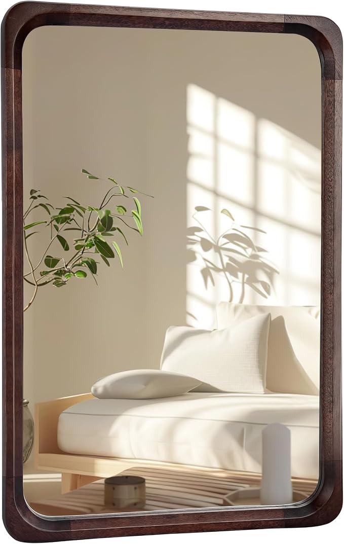 Tanmicoshomy Wood Bathroom Mirror 24 x 36 Inch, Solid Wood Framed Rectangle Mirrors with Tempered Glass for Living Room Bedroom Office or Entryway(Dark Brown)