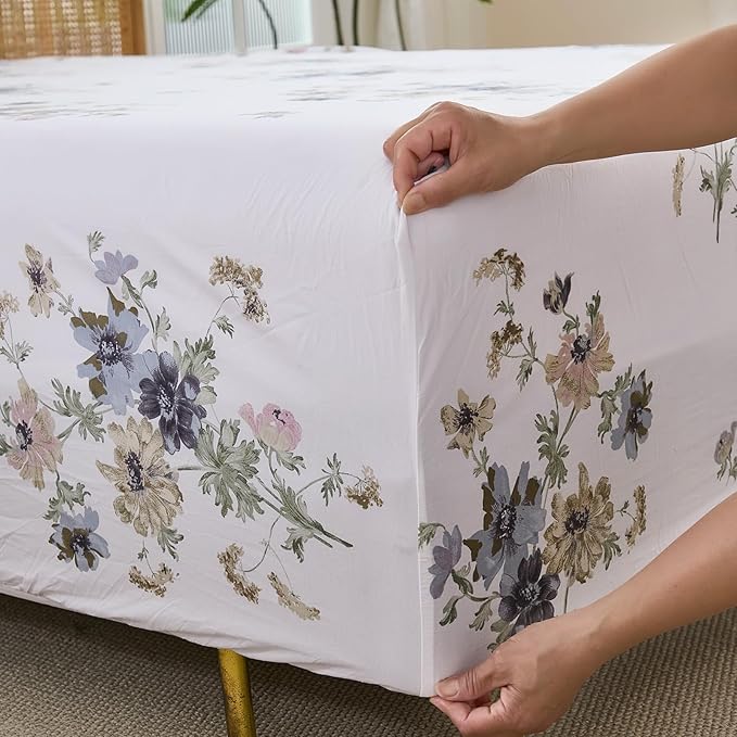 100% Cotton Sheet Set Queen Size – 4-Piece Vintage Chic Floral Bedding Set, Soft Breathable Percale Weave, Deep Pocket Fitted Sheet 17.5", Crisp Cool Feel, Refined Botanical Elegance