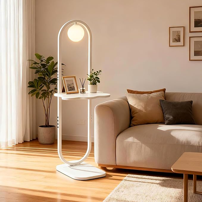 Lightdot 47-Inch Arch Floor Lamp, Modern Standing Lamp with Table, White Metal Frame with Globe Shade, Living Room Bedroom Lighting, G9 LED Bulb Included for Sofa Beside/Corner Decor