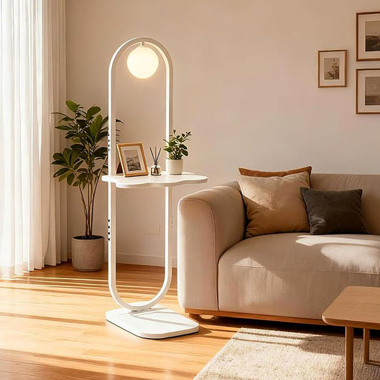 Lightdot 47-Inch Arch Floor Lamp, Modern Standing Lamp with Table, White Metal Frame with Globe Shade, Living Room Bedroom Lighting, G9 LED Bulb Included for Sofa Beside/Corner Decor