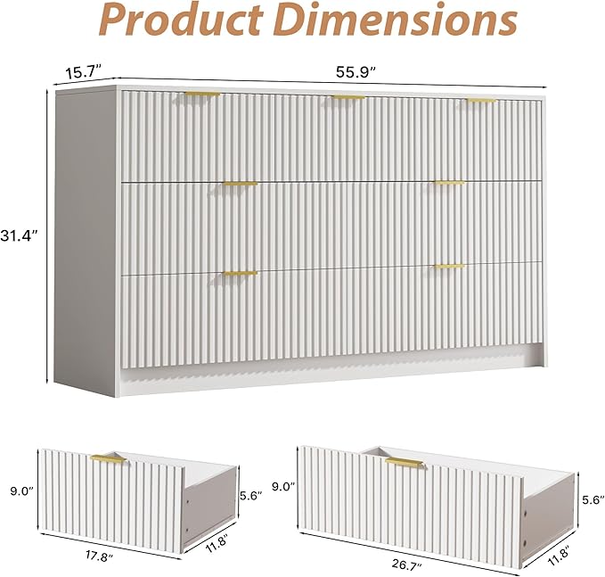 3-Piece Dresser Bedroom Set, 7 Drawer Dresser & 3 Drawer Nightstands with Gold Handles, Fluted Wood Chest of Drawers for Bedroom, Living Room, Entryway, White