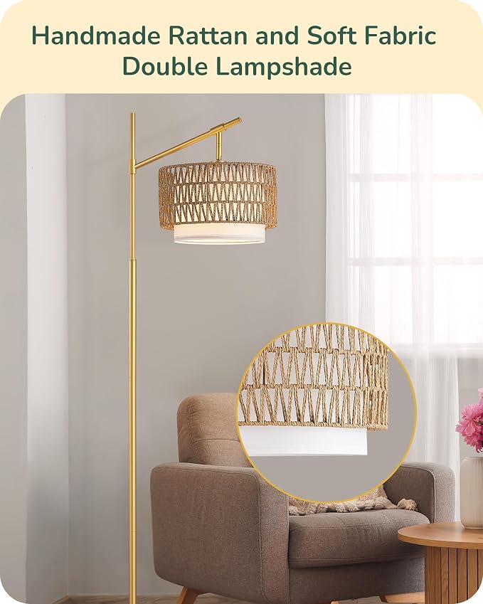 EDISHINE Rattan Arc Floor Lamp with Remote, Gold Farmhouse Standing Lamps for Living Room, Rattan & Fabric Dual Shades, Dimmable LED Bulb, Foot Switch, Adjustable Head Boho Lamp for Bedroom, Nursery