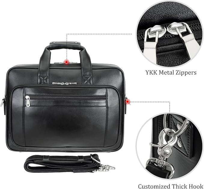 compalo Men's Solid Thick Full Grain Leather 17.3" Laptop Briefcase Classic Messenger Bag Fit Business Travel | Solid, Thick, Full Grain Leather, 17.3", Classic, Fit, Business Travel
