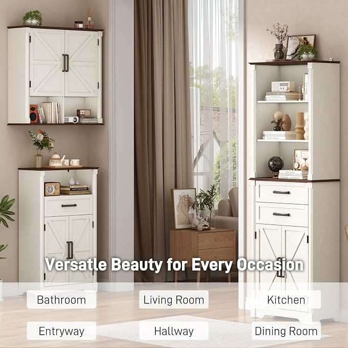 Farmhouse Bathroom Storage Cabinet,Double Wooden Bathroom Wall Cabinet with Roman Column Decor, Farmhouse Medicine Cabinets w Barn Doors,Storage Cabinets Wall Mounted for Kitchen(Rustic White)