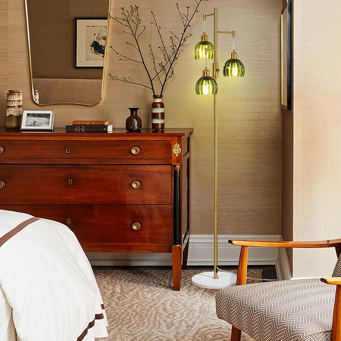 Dimmable Gold Floor Lamp,3-Light Vintage Retro Tree Floor Lamp,Farmhouse Standing Lamp with 3 Elegant Glass Green Flower lampshades for Living Room Bedroom (Brass Gold)