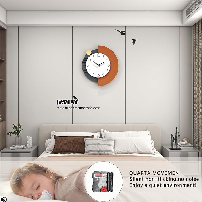 FLEBLE Modern Wall Clocks for Living Room Decor Large Decorative Wall Clock Battery Operated for Bedroom Office Kitchen Home Black Wood Silent Wall Clock Non Ticking 14x16 inches