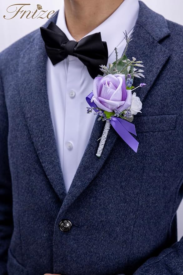 Fnize Purple Corsage and Boutonniere Set for Bride Groom Bridesmaids Groomsmen Wedding Homecoming Flowers Prom Suit Accessories, Rose Boutonniere and Wrist Corsage Flower