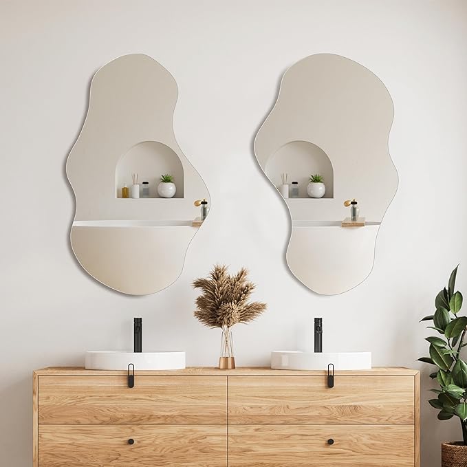 PERFNIQUE Irregular Wall Mirror Asymmetrical Mirror, 28''x17'' Decorative Modern Mirror for Bathroom Bedroom Living Room Entryway, Cloud Frameless, Wall Mounted (28''x17'', Cloud)