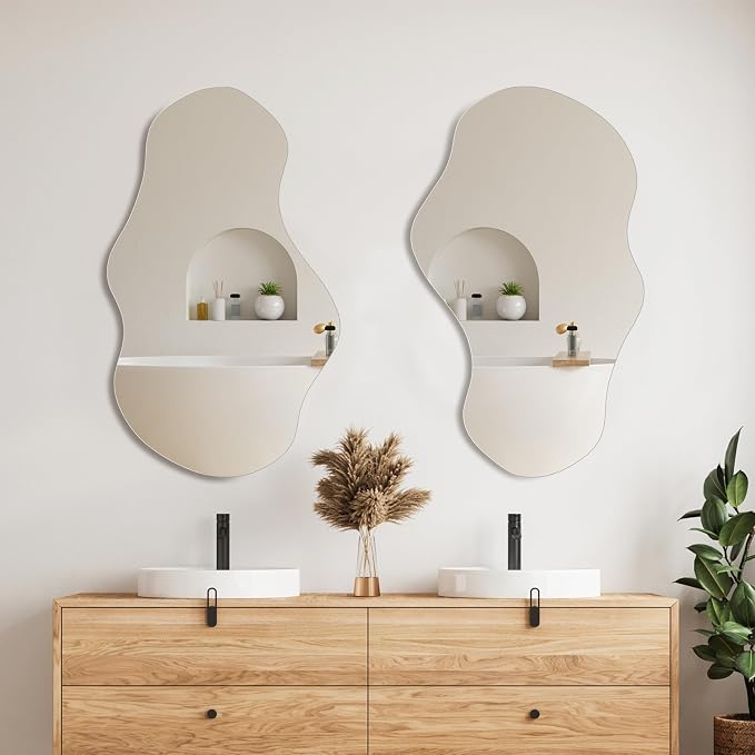 PERFNIQUE Irregular Wall Mirror Asymmetrical Mirror, 34''x20.5'' Decorative Modern Mirrors for Bathroom Bedroom Living Room Entryway, Cloud Frameless Mirror, Wall Mounted (34''x20.5'', Cloud)