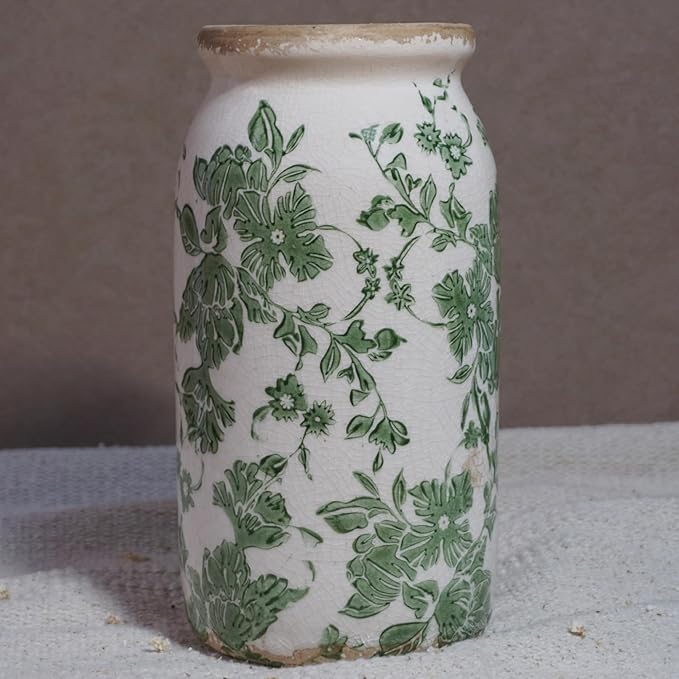 Vintage Green Floral Ceramic Vase, 8 Inch Crackle Glaze Rustic Handmade Vase, Decorative Pottery for Fresh or Dried Flowers, Farmhouse Cottage Modern Rustic Decor