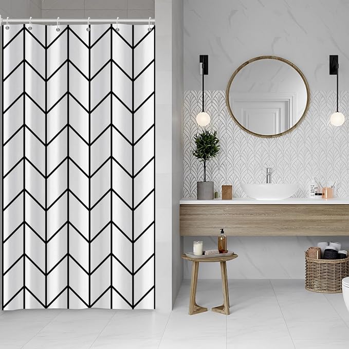Boho Herringbone Shower Curtains Black White Zig Zag Geometric Bathroom Curtain Minimalist Abstract Polyester Shower Curtain Sets for Bathroom Extra Long 36x72 in with 6 Hooks