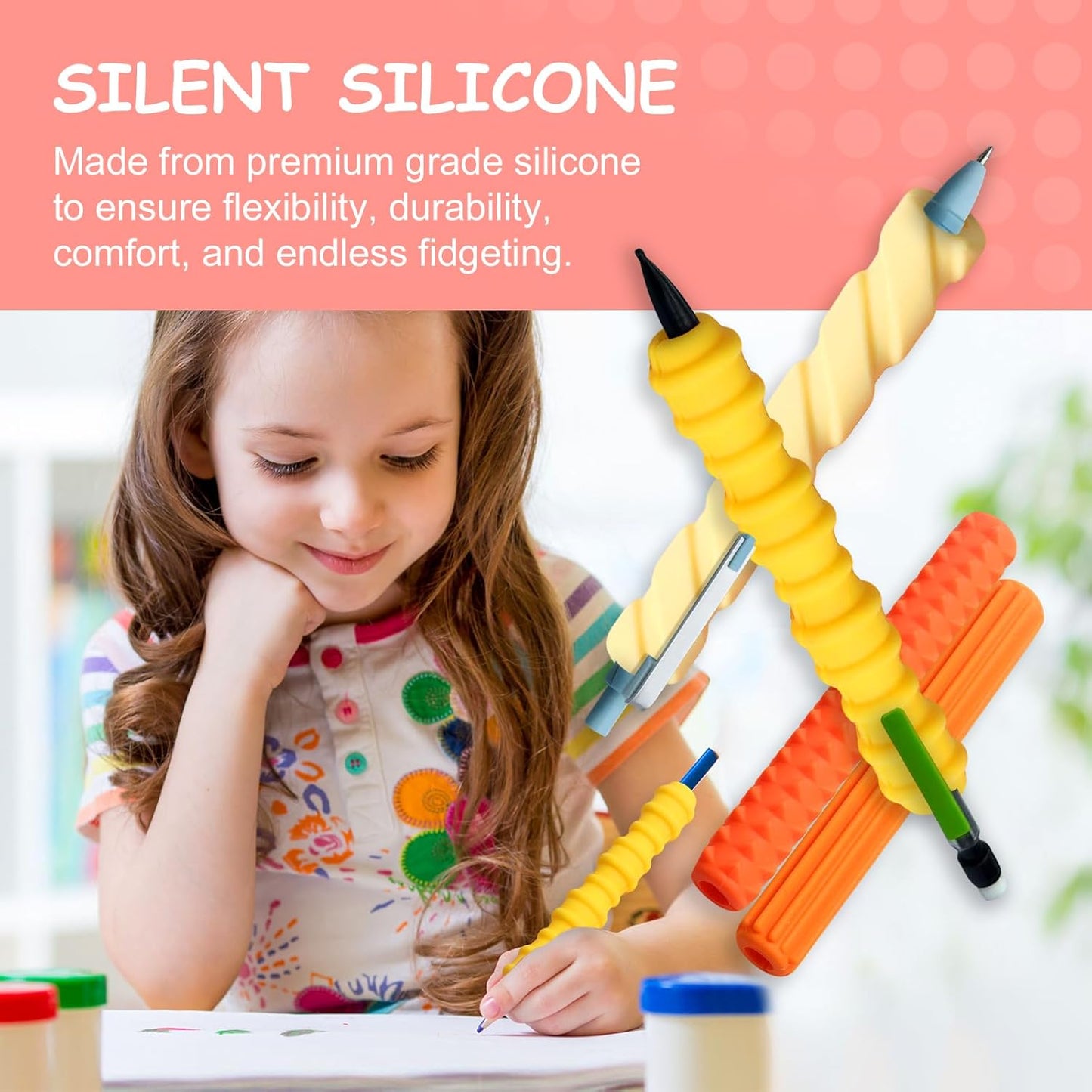 Skiennix Pencil Grips - 4-Pack Textured Silicone Sleeves for Mechanical Pencils | Sensory Fidget Tool for Kids & Adults (Yellow)