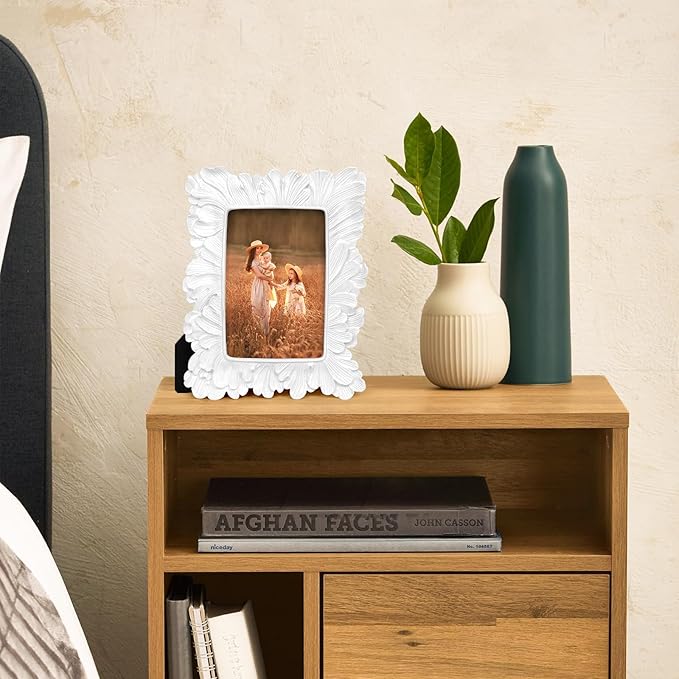 4x6 Vintage Picture Frame White, Ornate Leaves Photo Frame with Glass Front, Elegant Picture Frame for Wall or Tabletop Display, Gift ldeas for Home Decor