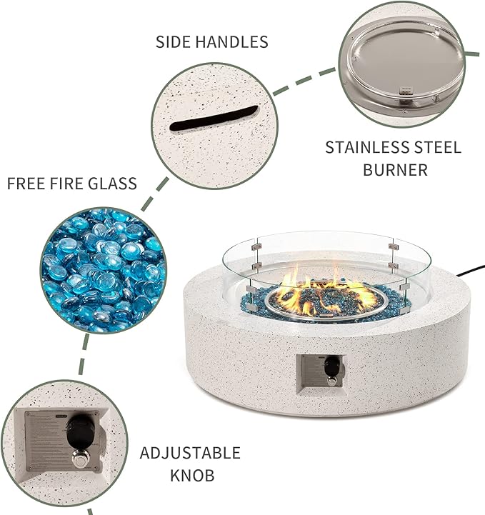 COSIEST Outdoor Propane Fire Pit Coffee Table w Terrazzo White 40.5-inch Round Base Patio Heater, Certified, 50,000 BTU Stainless Steel Burner, Wind Guard, Aqua Blue Fire Glass, Rain Cover