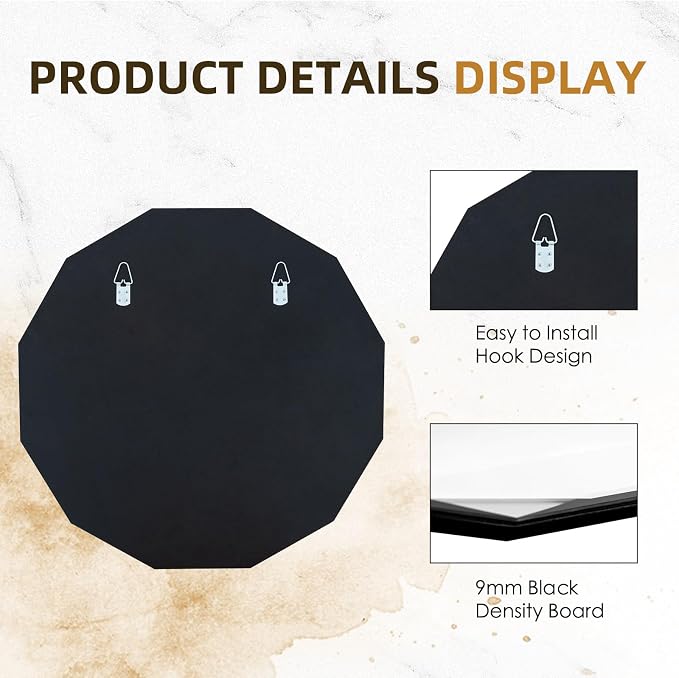 QDSSDECO 24" x 24"Beveled Edge Frameless Wall Mount Mirror, Irregular Shaped, Unique Vanity Mirror, Frameless Wall Mirror for Bathroom, Living Room, Bedroom, Entryway
