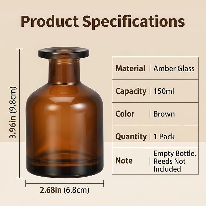 5oz 150ml Amber Glass Reed Diffuser Bottles, Empty Refillable Wide Mouth Aromatherapy Diffuser Containers, Thickened Bottom Replacement Diffuser Bottles for Home Decor, DIY Fragrance and Crafts