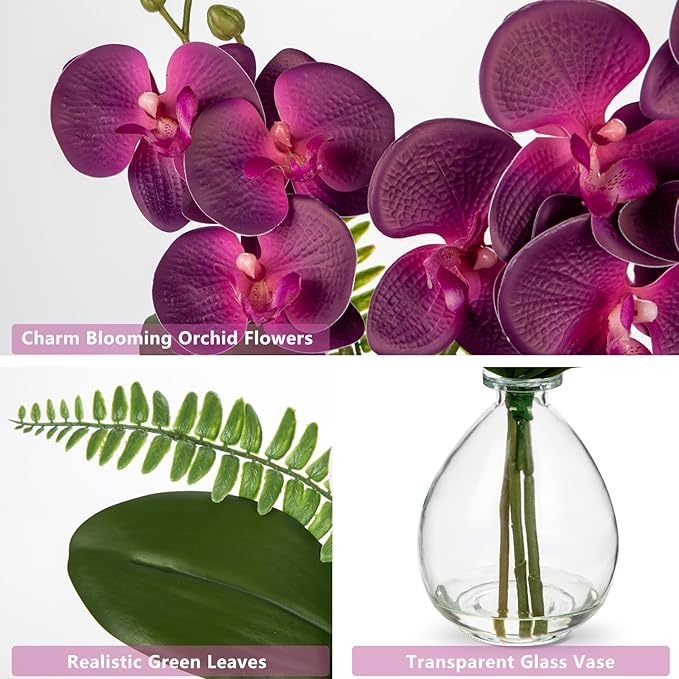 Oairse Purple Orchids Artificial Flowers, Faux Orchid in Glass Vase Real Touch Small Phalaenopsis Orchid Flowers Arrangements with Clear Vase Orchids Centerpiece for Dining Room Table