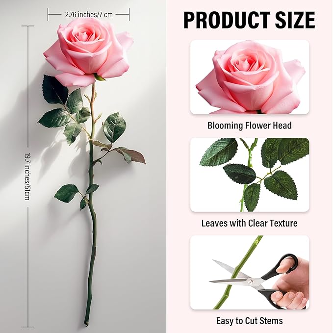 20PCS Artificial Roses with Long Stems - Realistic Silk Flowers, Fake Roses Real Touch Bouquet of Roses for Home Decor, Bridal Wedding Party Table Centerpieces, Bulk Faux Rose Flowers (Pink)