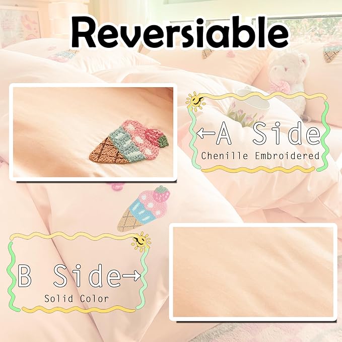 MorroMorn Cotton Duvet Cover Queen Size, Peach Pink Bed Set 3D Embroidery Bedding Sets All Seasons, Chenille Embroidered Comforter Covers Blanket for Girls Kids Teen (Ice Cream Cones, Full/Queen)