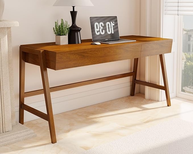 HNY 59 Inches Walnut Wooden Writing Desk with 3 Drawers, Computer Study Table with MDF Top, Solid Rubberwood Legs and Hidden Cable Management Holes, Corner Makeup Vanity Desk for Home Office, Bedroom
