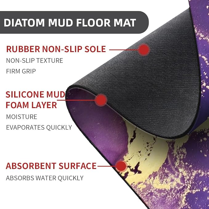 Diatomaceous Earth Bath Mat,Purple, Gold and Blue Marble Non-Slip Volume Super Absorbent Fast Drying for Bathroom Kitchen Door mat,Eco-Friendly Easy to Clean 20×31Inch (50 * 80cm)
