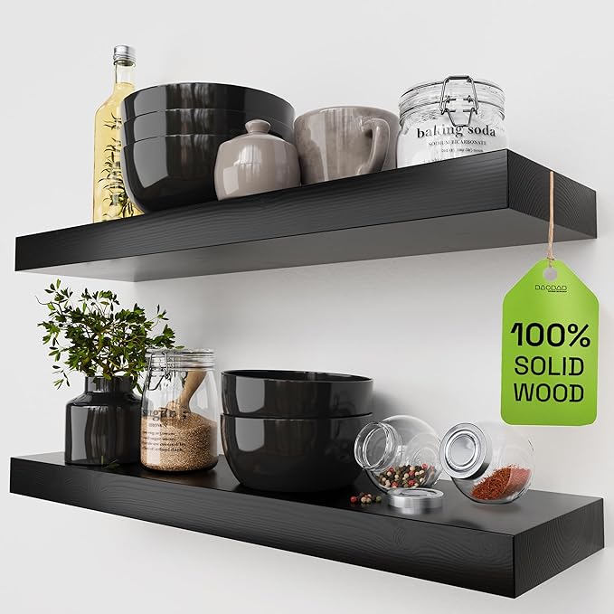 BAOBAB WORKSHOP Wood Floating Shelves for Bathroom Wall - Black Shelf 24 inch - Solid Wood Shelves for Wall for Bedroom Kitchen Living Room - Black Floating Shelves - 24 x 6.7 Inch, Set of 2